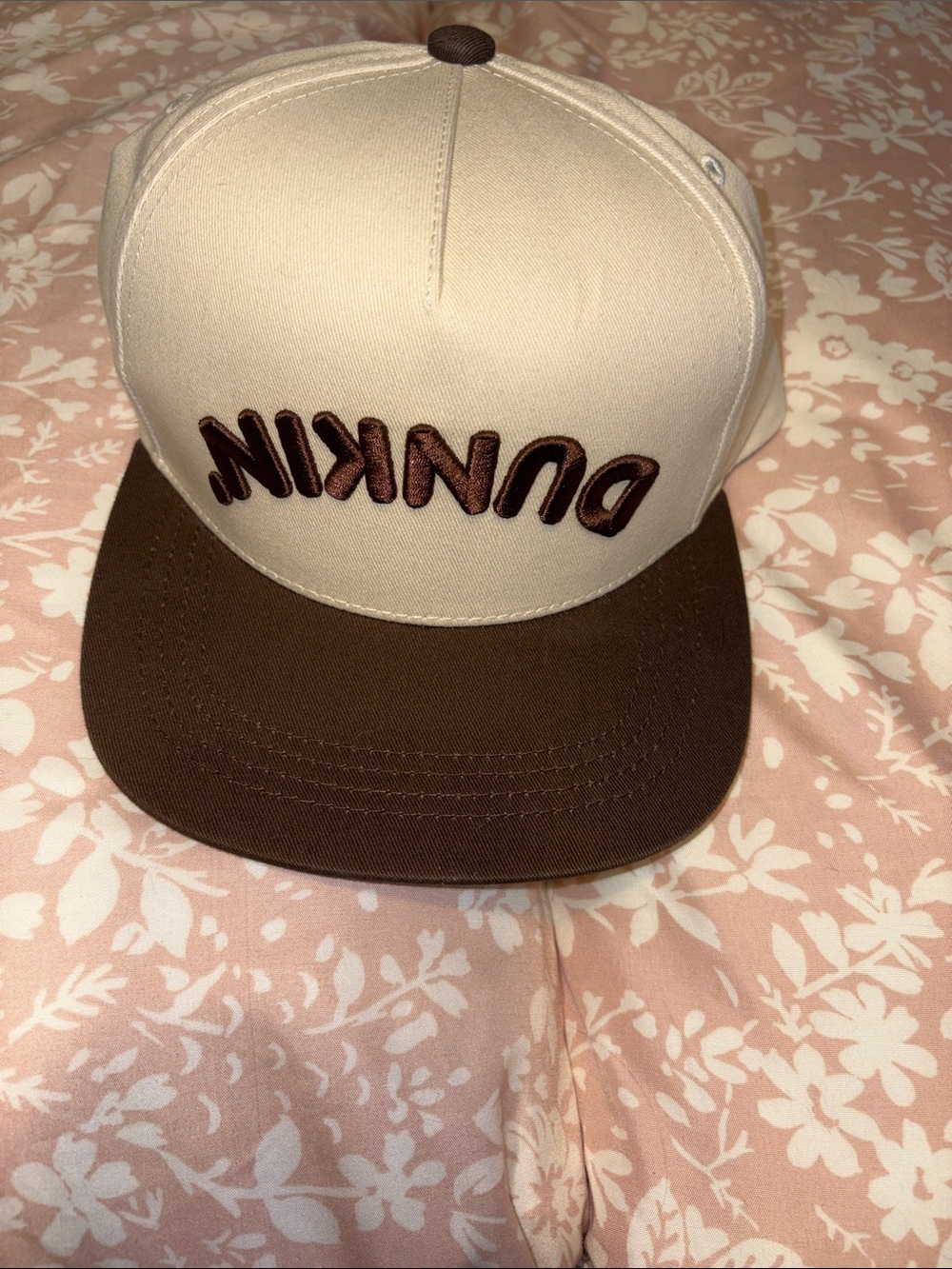 Dunkin Hat Beige and Brown Snapback Hat with Embroidered Front